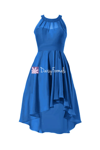 Illusion Halter Neckline Party Dress High Low Prom Dress Royal Blue Bridesmaids Dress (BM2435)