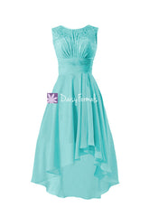 Chic lace party dress tiffany blue lace bridesmaids dress high low chiffon dress (bm2437)