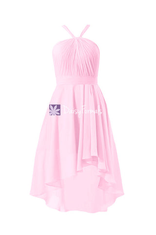 Dramatic Ice Pink High Low Bridesmaids Dress Light Pink Chiffon Dress (BM2438)