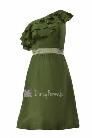 Appealing Hunter Green One Shoulder Chiffon Bridesmaid Dress Cocktail Dress w/ Ruffles(BM244)
