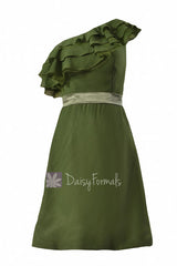 Appealing hunter green one shoulder chiffon bridesmaid dress cocktail dress w/ ruffles(bm244)