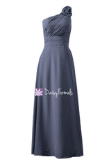 Navy chiffon affordable bridesmaid dress one-shoulder long women party dress(bm2449)