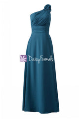 Long teal chiffon bridesmaid dresses one-shoulder long formal chiffon dress(bm2449)