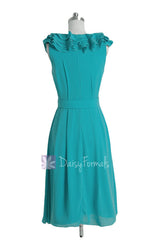 Vintage cocktail v-neck chiffon bridesmaid dress short cyan turquoise formal dresses(bm245)
