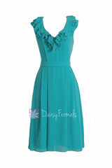 Vintage cocktail v-neck chiffon bridesmaid dress short cyan turquoise formal dress(bm245)