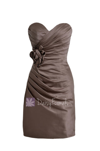 Pale Brown Satin Bridesmaid Dress Cocktail Sweetheart Party Dress W/Handmade Flowers(BM2450)