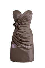 Pale brown satin bridesmaid dress online cocktail sweetheart party dress w/handmade flowers(bm2450)