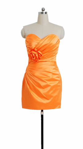 Fluorescent Orange Satin Bridesmaid Dress Cocktail Party Dress W/Handmade Flowers (BM2450)
