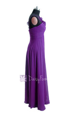 Empire purple unique bridesmaid dress long chiffon formal dresses w/floral strap(bm2454l)