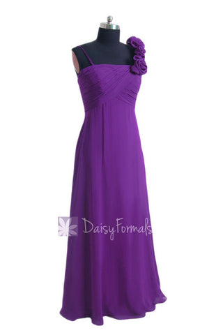 Empire Purple Bridesmaid Dress Long Chiffon Formal Dress W/Floral Strap(BM2454L)