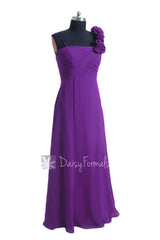 Empire purple unique bridesmaid dress long chiffon formal dress w/floral strap(bm2454l)