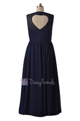Floor Length Navy Chiffon Party Dress Lace Formal Dress W/Heart Shape Hollow Back (BM2528)