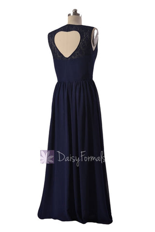 Floor Length Navy Chiffon Party Dress Lace Formal Dress W/Heart Shape Hollow Back (BM2528)