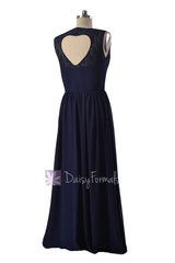 Floor length navy chiffon party dress lace formal dress w/heart shape hollow back (bm2528)