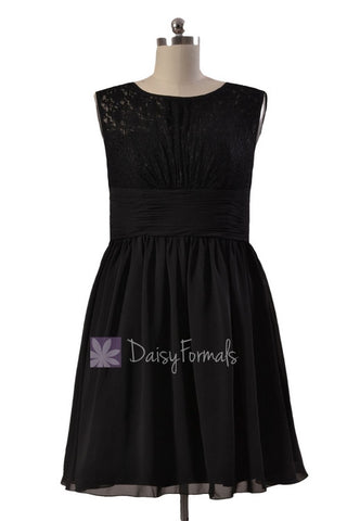 Knee Length Lace Party Dress Black Chiffon Formal Dress W/Illusion Neckline (PR1308)