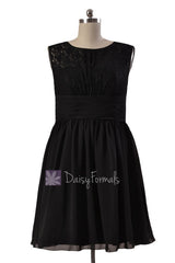 Knee length lace party dress black chiffon discount formal dress w/illusion neckline (pr1308)