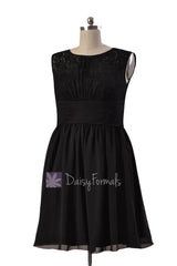 Knee length lace party dress black chiffon discount formal dresses w/illusion neckline (pr1308)
