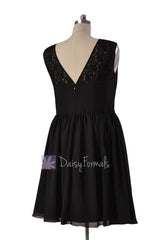 Knee Length Lace Party Dress Black Chiffon Formal Dress W/Illusion Neckline (PR1308)