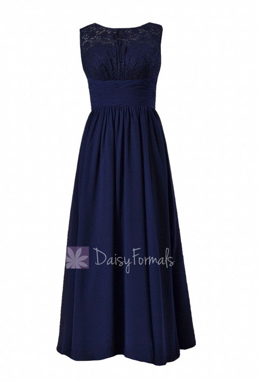 Gracious long chiffon evening dress navy formal dress w/lace illusion neckline(bm2529l)