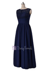 Gracious long chiffon evening dress navy formal dresses w/lace illusion neckline(bm2529l)
