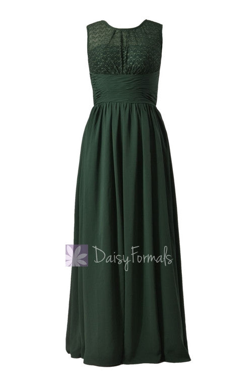 Long chiffon simple bridesmaid dress green formal dress w/lace illusion neckline(bm2529l)
