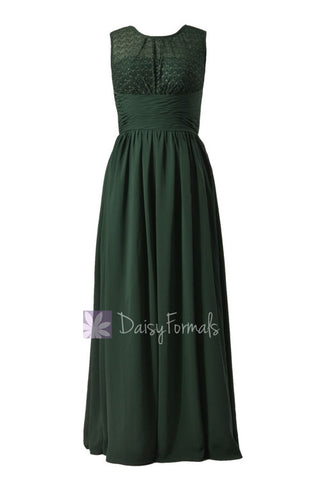 Long Chiffon Bridesmaid Dress Green Formal Dress W/Lace Illusion Neckline(BM2529L)