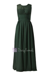 Long chiffon simple bridesmaid dress green formal dress w/lace illusion neckline(bm2529l)