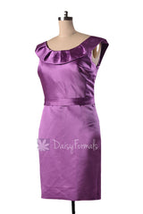Short scoop neck satin bridesmaid dress vintage purple cocktail party dresses(bm253)