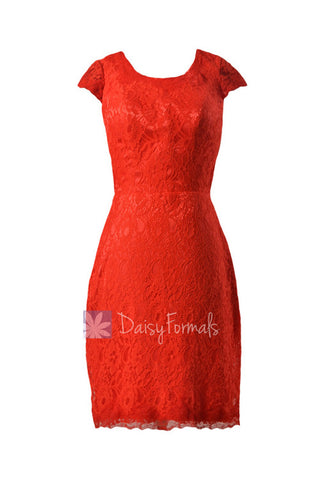 Sheath Lace Party Dress Short Red Lace Bridesmaid Dress W/Cap Sleeves(BM2530)