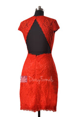 Sheath Lace Party Dress Short Red Lace Bridesmaid Dress W/Cap Sleeves(BM2530)