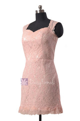 Short blush pink formal lace dress blush pink vintage lace bridesmaid dresses (bm2530b)