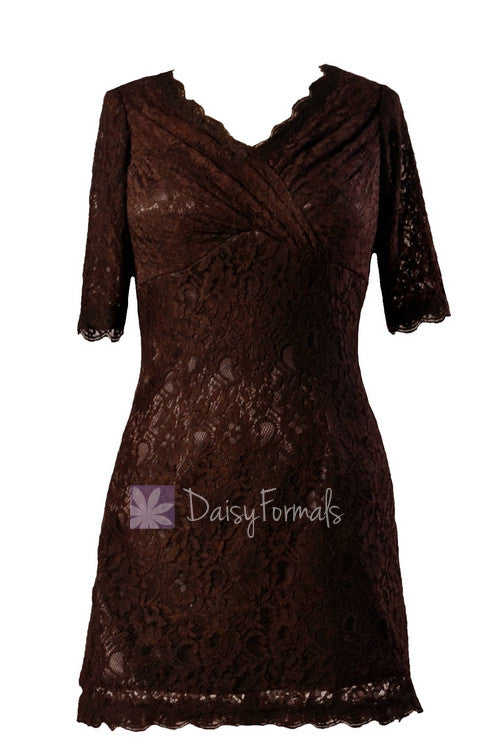 Vintage short v-neck lace party dress strong coffee formal bridesmaid dress(bm2531)