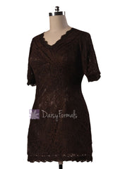 Vintage short v-neck lace party dress strong coffee formal bridesmaid dresses(bm2531)