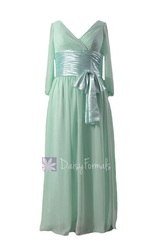 Long Mint Chiffon Bridesmaid Dress Modest Chiffon Party Dress W/Long Sleeves (BM253143)