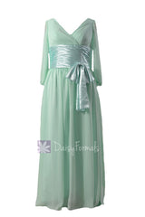 Long mint latest chiffon bridesmaid dress modest chiffon party dress w/long sleeves (bm253143)