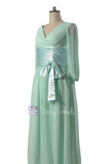 Long mint latest chiffon bridesmaid dress modest chiffon party dresses w/long sleeves (bm253143)