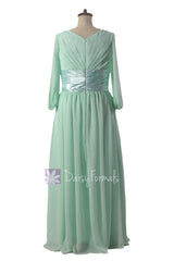 Long Mint Chiffon Bridesmaid Dress Modest Chiffon Party Dress W/Long Sleeves (BM253143)