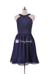 Classic navy chiffon bridesmaids dress halter party dress knee length formal dress (bm253451 )