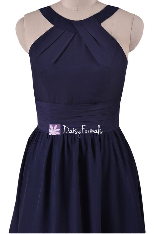 navy blue chiffon dress knee length Halter Blue Chiffon Knee-Length Bridesmaid Dresses