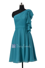 One shoulder affordable cocktail bridesmaid dress cyan bridal party dress w/cascade ruffles(bm261)