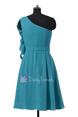 One shoulder affordable cocktail bridesmaid dress cyan bridal party dresses w/cascade ruffles(bm261)