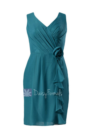 Rich Teal V-Neck Knee Length Bridesmaid Chiffon Formal Party Dress(BM266)