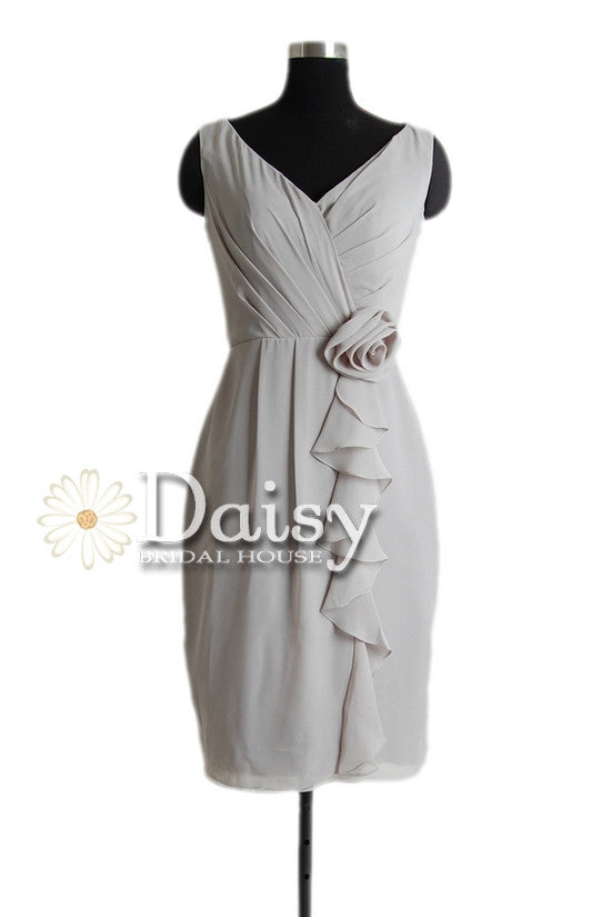 Vintage gray chiffon dress inexpensive short bridesmaid dress w/v neckline(bm266)