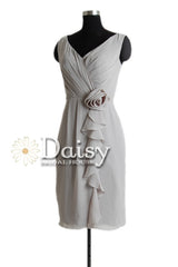 Vintage gray chiffon dress inexpensive short bridesmaid dresses w/v neckline(bm266)