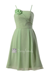 Elegant sage green bridesmaid formal short bridal party dress w/ straps & flower(bm268)
