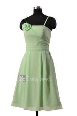 Elegant sage green bridesmaid formal short bridal party dresses w/ straps & flower(bm268)