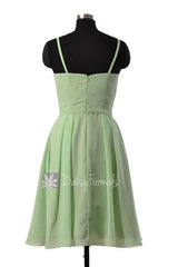 Elegant Sage Green Bridesmaid Formal Short Bridal Party Dress w/ Straps & Flower(BM268)