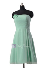 Short strapless chiffon bridesmaid dress cheap mint formal dresses w/ flowers(bm268a)