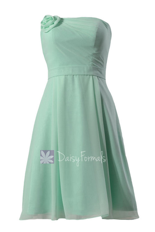 Short strapless chiffon bridesmaid dress cheap mint formal dress w/ flowers(bm268a)