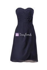 Dark navy chiffon bridesmaid dress online navy blue knee length dress prom dress (bm270)